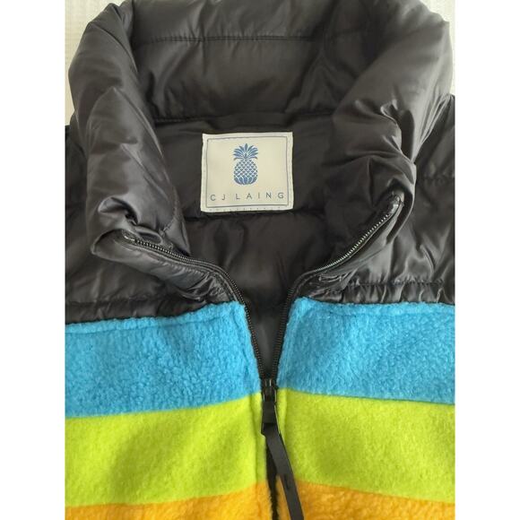 VTG Y2K CJ Laing Black W/ Rainbow Fleece Puffer Vest Funnel Neck Retro Stripes S - Picture 5 of 7